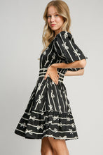 Load image into Gallery viewer, Umgee Ribbon Print Frill Contrast Velvet Trim Half Sleeve Dress
