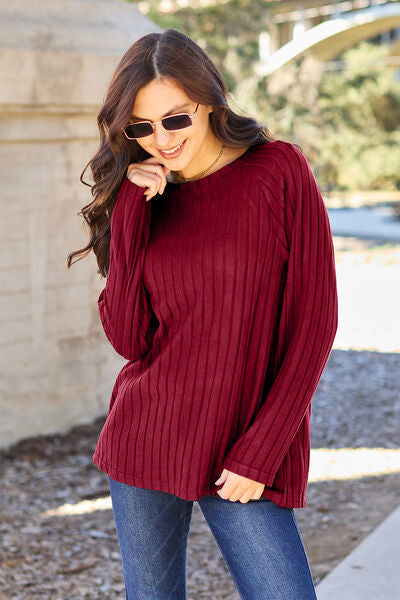 5 Colors - Basic Bae Full Size Ribbed Round Neck Long Sleeve Knit Top - Sizes S-3XL Ti Amo I love you