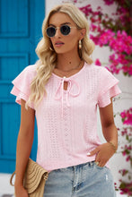 Load image into Gallery viewer, 5 Colors - Eyelet Tie-Neck Flutter Sleeve Blouse - Sizes S-2XL Ti Amo I love you
