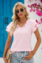 Load image into Gallery viewer, 5 Colors - Eyelet Tie-Neck Flutter Sleeve Blouse - Sizes S-2XL Ti Amo I love you
