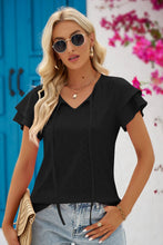 Load image into Gallery viewer, 5 Colors - Eyelet Tie-Neck Flutter Sleeve Blouse - Sizes S-2XL Ti Amo I love you
