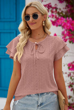 Load image into Gallery viewer, 5 Colors - Eyelet Tie-Neck Flutter Sleeve Blouse - Sizes S-2XL Ti Amo I love you
