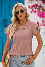 Load image into Gallery viewer, 5 Colors - Eyelet Tie-Neck Flutter Sleeve Blouse - Sizes S-2XL Ti Amo I love you
