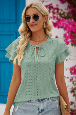 5 Colors - Eyelet Tie-Neck Flutter Sleeve Blouse - Sizes S-2XL Ti Amo I love you