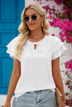 Load image into Gallery viewer, 5 Colors - Eyelet Tie-Neck Flutter Sleeve Blouse - Sizes S-2XL Ti Amo I love you
