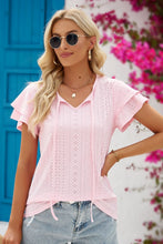 Load image into Gallery viewer, 5 Colors - Eyelet Tie-Neck Flutter Sleeve Blouse - Sizes S-2XL Ti Amo I love you
