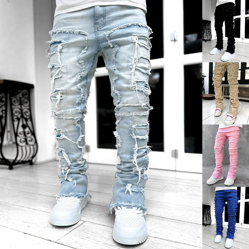 5 Colors - Mens Patched Tight Slim Fit Stacked Jeans - Waist 30-38 Ti Amo I love you