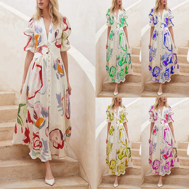 5 Colors - Print Dresses For Women Summer V-neck Button Short Sleeve Dress Ti Amo I love you