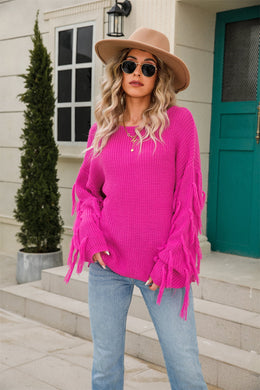 5 Colors - Ribbed Round Neck Fringe Detail Sweater Ti Amo I love you