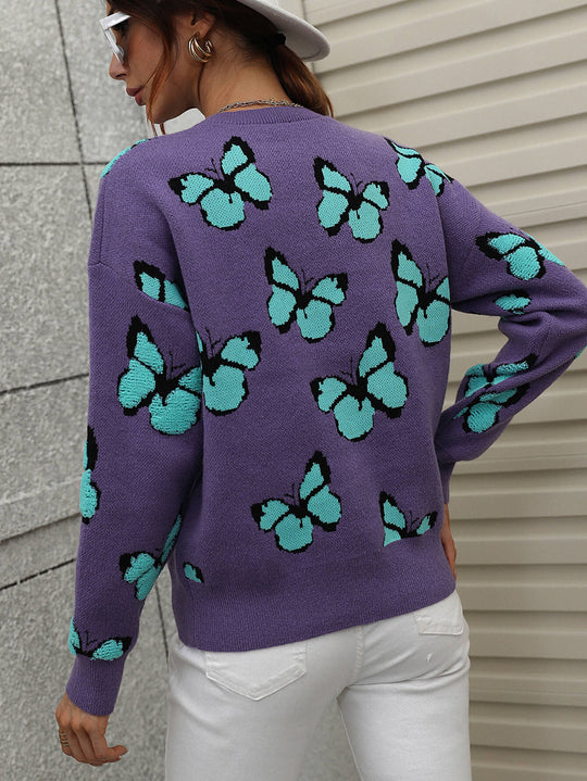 5 Colors - Woven Right Butterfly Dropped Shoulder Crewneck Sweater - Sizes S-XL Ti Amo I love you