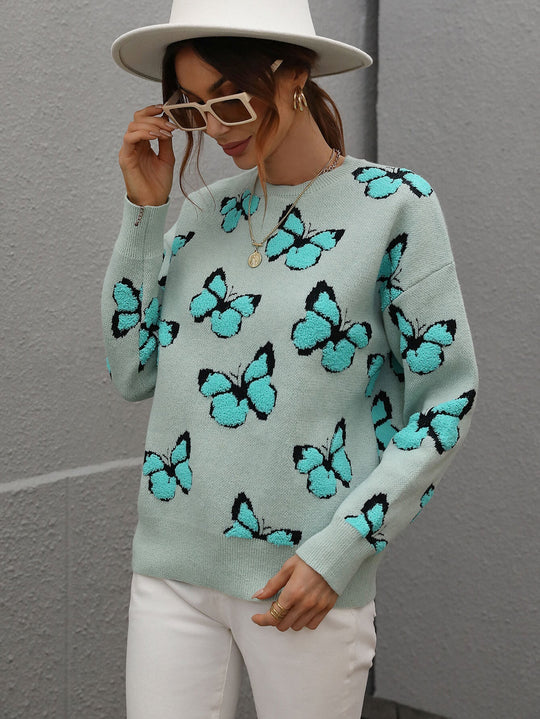 5 Colors - Woven Right Butterfly Dropped Shoulder Crewneck Sweater - Sizes S-XL Ti Amo I love you