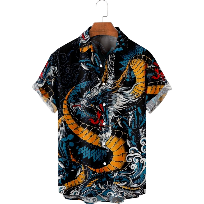 5 Styles - Men's Casual Breathable Short Sleeves Summer Hawaiian Dragon Shirts - Sizes S-5XL Ti Amo I love you