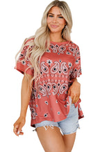 Load image into Gallery viewer, Red Paisley Print Side Slits Crew Neck T Shirt
