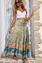 Load image into Gallery viewer, Sky Blue Boho Floral &amp; Paisley Print Shirred Waist Long Skirt
