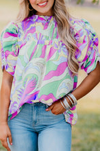 Load image into Gallery viewer, Green Abstract Print Bubble Sleeve Smock Detail Blouse
