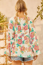 Load image into Gallery viewer, White Notch V Neck Floral Pleated Puff Sleeve Blouse
