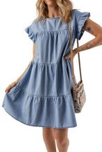 Load image into Gallery viewer, Beau Blue Ruffle Short Sleeve Tiered A-line Denim Dress
