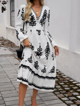 Load image into Gallery viewer, Devine Ruffled Printed Plunge Long Sleeve Dress
