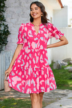 Load image into Gallery viewer, Pink Abstract Printed Puff Short Sleeve Tiered Loose Dress
