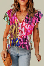 Load image into Gallery viewer, Ruffled Printed Tie Neck Cap Sleeve Blouse
