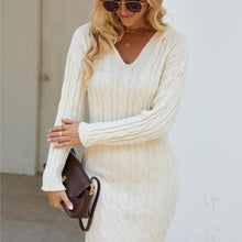 Load image into Gallery viewer, V-neck Twist Mid-length Long Sleeve Knitted Hooded Sheath Dress
