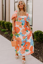 Load image into Gallery viewer, Orange Plus Size Flower Print Shirred Square Neck Maxi Dress
