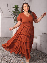 Load image into Gallery viewer, Plus Size Ruched Lace Detail V-Neck Short Sleeve Dress
