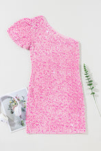 Load image into Gallery viewer, Pink Sequin One Shoulder Puff Sleeve Bodycon Mini Dress
