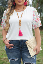 Load image into Gallery viewer, White Contrast Floral Puff Sleeve Ribbed Knit Plus Size Blouse
