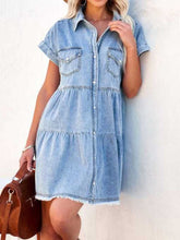 Load image into Gallery viewer, Raw Hem Short Sleeve Denim Dress
