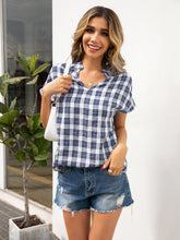 Load image into Gallery viewer, Plaid Notched Short Sleeve Blouse
