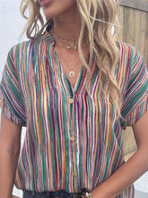 Load image into Gallery viewer, Shiny Striped Notched Short Sleeve Blouse
