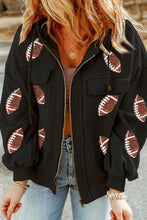 Load image into Gallery viewer, Black Sequined Football Pattern Pocketed Zipper Hooded Jacket
