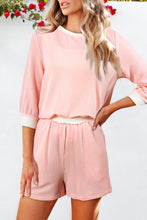 Load image into Gallery viewer, Pink Corded Colorblock Long Sleeve Top and Shorts Set
