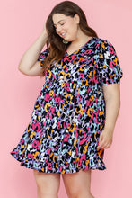 Load image into Gallery viewer, Purple Leopard Print Ruffled V Neck Plus Size Mini Dress
