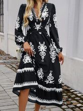 Load image into Gallery viewer, Devine Ruffled Printed Plunge Long Sleeve Dress
