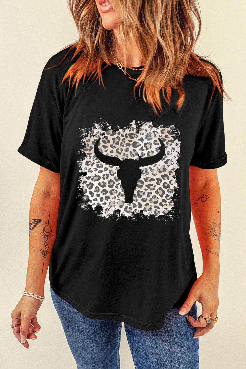 Black Western Leopard Steer Head Print Casual T Shirt