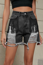 Load image into Gallery viewer, Fringe Trim Distressed Denim Shorts with Pockets
