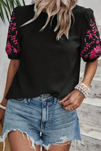 Load image into Gallery viewer, Black Floral Embroidered Textured Puff Sleeve T Shirt
