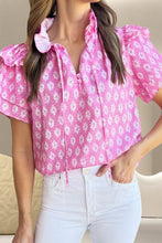 Load image into Gallery viewer, Ruffled Printed Tie Neck Short Sleeve Blouse
