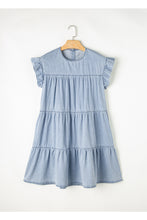 Load image into Gallery viewer, Beau Blue Ruffle Short Sleeve Tiered A-line Denim Dress
