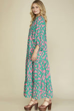 Load image into Gallery viewer, Green Abstract Print Puff Sleeve Tied Notched Neck Long Dress
