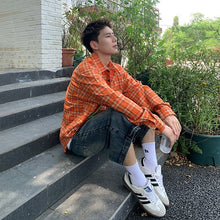Load image into Gallery viewer, Mens Retro Design Long Sleeve Lining Loose Casual Orange Plaid Shirt
