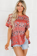 Load image into Gallery viewer, Red Paisley Print Side Slits Crew Neck T Shirt
