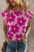 Load image into Gallery viewer, Pink Flower Print Round Neck Cap Sleeve T Shirt
