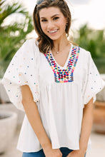 Load image into Gallery viewer, White Embroidered Puff Sleeve V Neck Blouse
