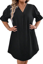 Load image into Gallery viewer, Black Solid Ruffled Puff Sleeve V Neck Plus Size Mini Dress
