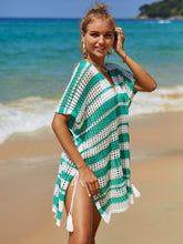 Load image into Gallery viewer, Tassel Openwork Striped V-Neck Cover Up
