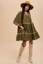 Load image into Gallery viewer, Annie Wear Tassel Contrast Trim Tie Neck Half Sleeve Tiered Dress
