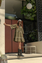 Load image into Gallery viewer, Annie Wear Tassel Contrast Trim Tie Neck Half Sleeve Tiered Dress
